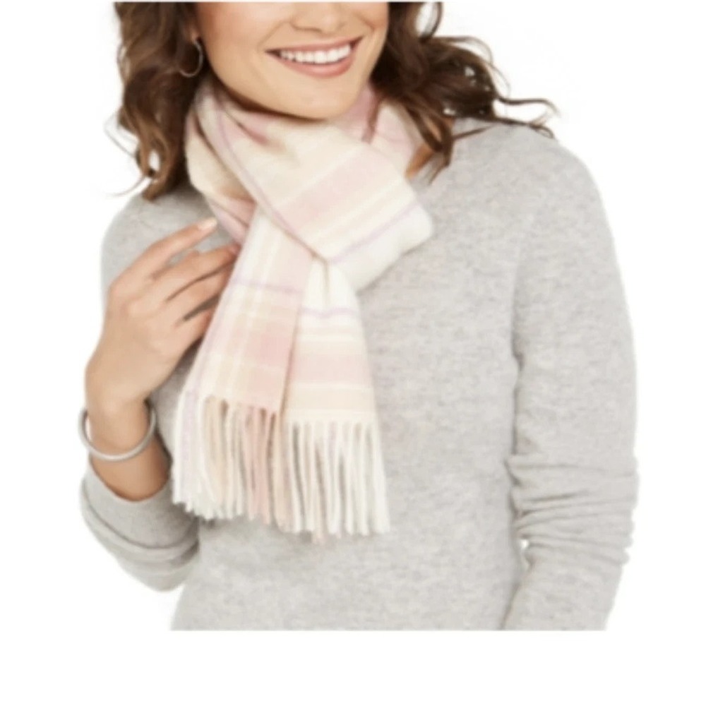 Charter‎ Club Plaid Woven 100% Cashmere Scarf Pink Ivory with Fringe New #66